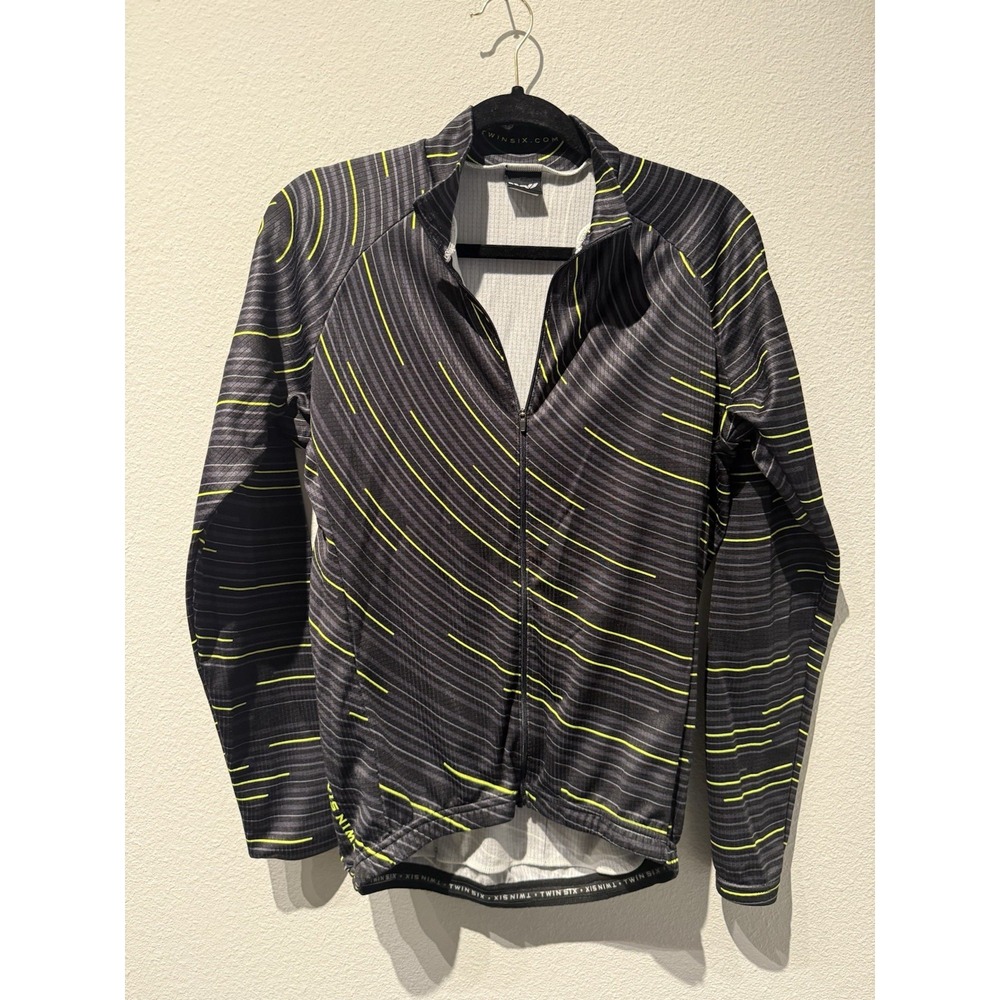 Twin Six Cycling Jersey Black & Neon Green Full Zip Long Sleeve Knit Size Medium